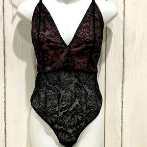 NWT Auden Intimates One Piece Black Lace Thong Bodice, Size Lg